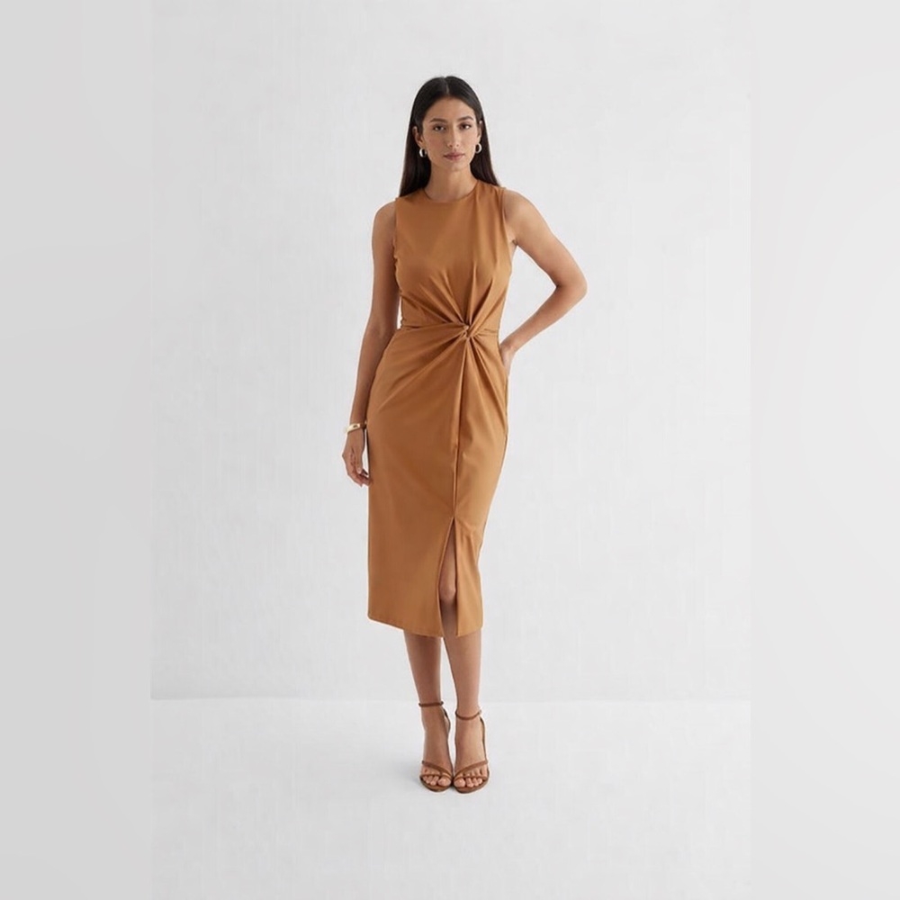 Express Body Contour Faux Leather Twist Front Midi Sheath Dress Size XL